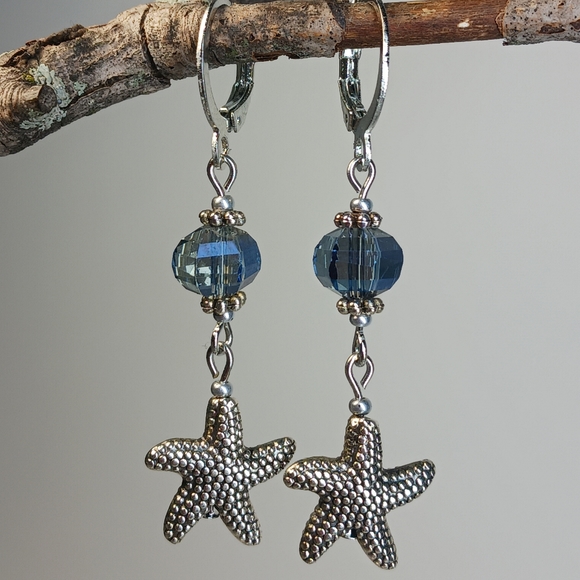 Hand Crafted Jewelry - Blue and silver starfish dangle earrings
